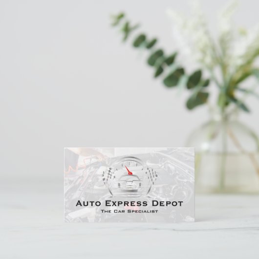 Mechanic Working on Engine | Auto Metal Logo 名刺 (スタンド正面)
