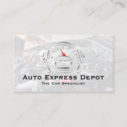 Mechanic Working on Engine | Auto Metal Logo 名刺 (正面)