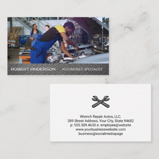 Mechanic Working on Engine | Car Repairman 名刺 (正面/裏面)