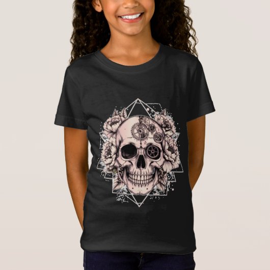 "Mechanical Bloom" - 花と歯車のゴシック・スカル Tシャツ (正面)
