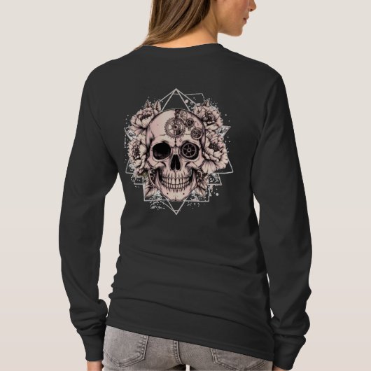 "Mechanical Bloom" – Gothic Skull with Floral Gear Tシャツ (裏面)