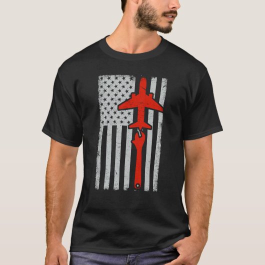 Mechanics American Flag Plane Airplane Mechanic Wr Tシャツ (正面)