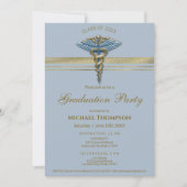 Medical Blue Caduceus Gold Stripe Graduation Photo 招待状 (正面)