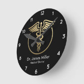 Medical Caduceusシンボルブラック金ゴールド ラウンド壁時計 (傾斜)