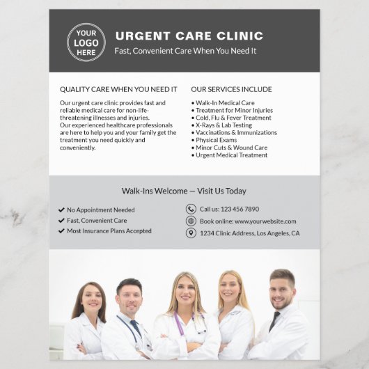 Medical Clinic Urgent Care Gray Logo QR チラシ (正面)