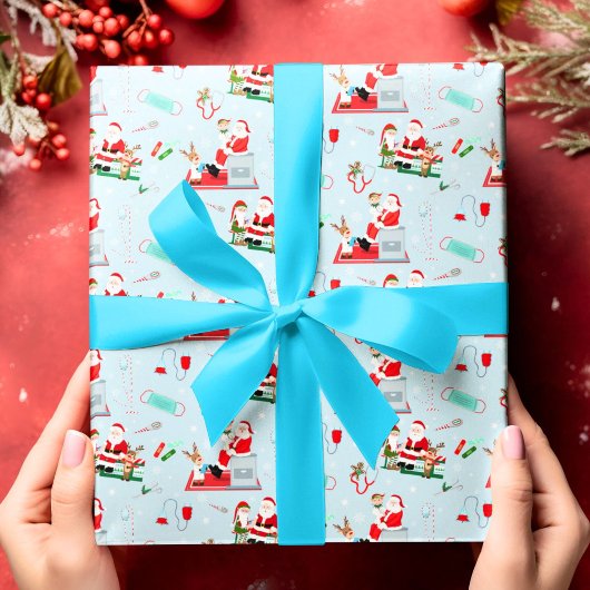 Medical Doctor Christmas with Santa Light Blue ラッピングペーパー