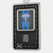 Medical Doctor MD Caduceus on Blue ストライプLocations シルバープレートフレームオーナメント (左)