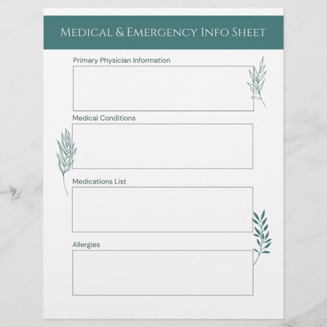 Medical & Emergency Info Sheet レターヘッド (正面)