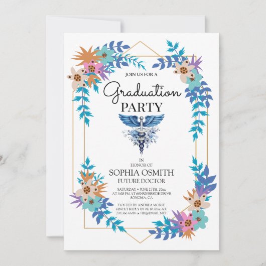 Medical Graduation Party Invitation | Floral Caduc 招待状 (正面)