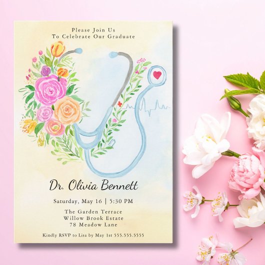 Medical School Graduation Roses with Stethoscope  招待状