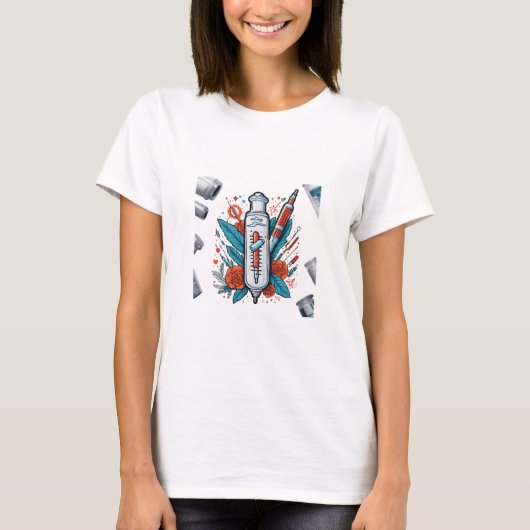Medical Vial Art – Syringe & Pill Bottle Wings Des Tシャツ (正面)