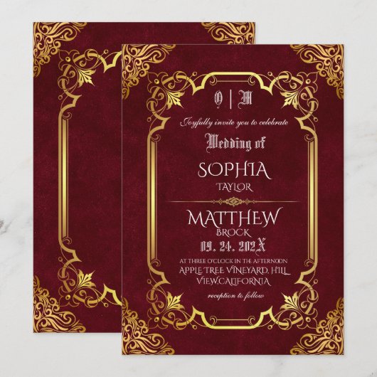 Medieval Burgundy Royal Gold Wedding 招待状 (正面/裏面)