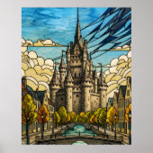 Medieval Castle over Canal Stained Glass Art Illus ポスター (正面)