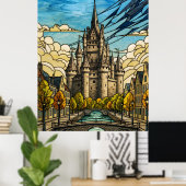 Medieval Castle over Canal Stained Glass Art Illus ポスター (ホームオフィス)