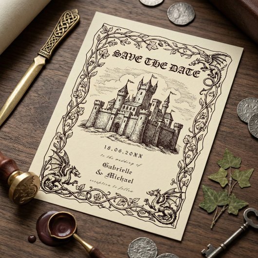 Medieval Castle Sepia Illustration Wedding セーブザデート