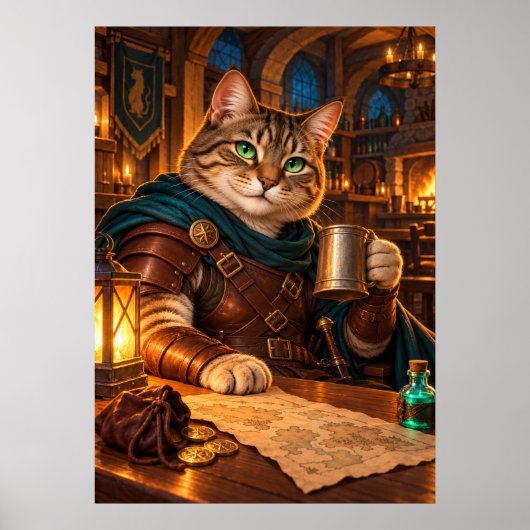 Medieval Cat Adventurer in a Cozy Tavern ポスター (正面)