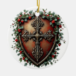 Medieval Christmas Shield with Gothic Cross セラミックオーナメント