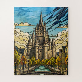 Medieval Cityscape over Canal Stained Glass Illust ジグソーパズル