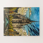 Medieval Cityscape over Canal Stained Glass Illust ジグソーパズル (横)