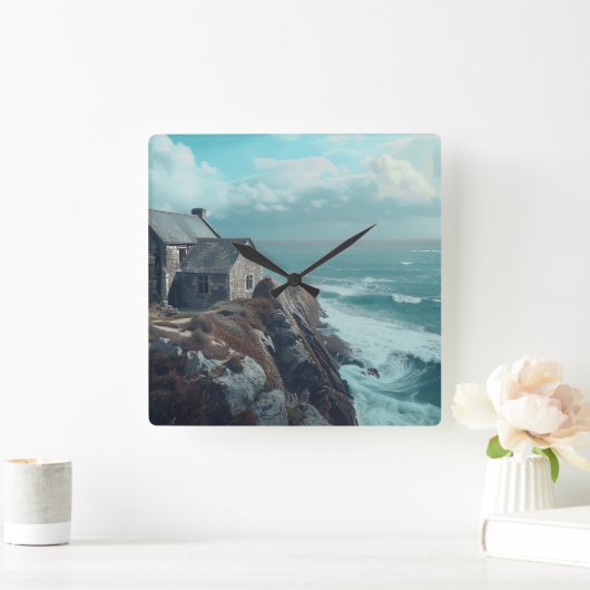 Medieval Cottage on a Cliff スクエア壁時計 (ホーム)