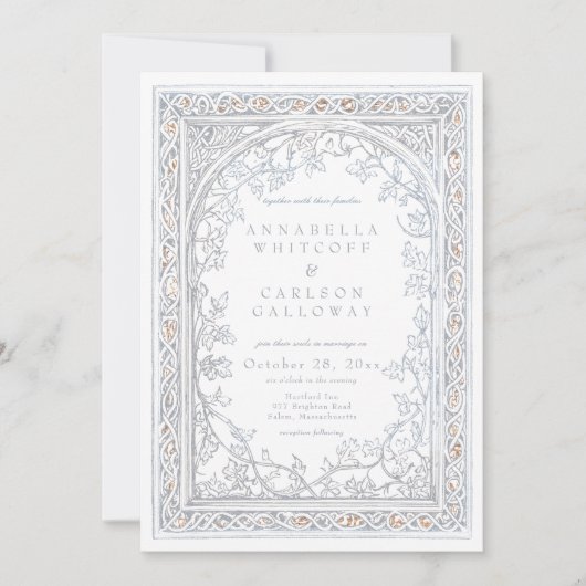 Medieval Fantasy Arch Blue & Gold Etching Wedding 招待状 (正面)