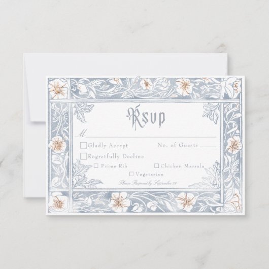 Medieval Fantasy Frame Blue Gold Etching Wedding 出欠カード (正面)