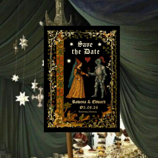 Medieval Fantasy Knight and Lady Save the Date 箔招待状