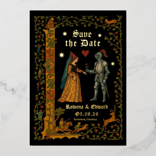 Medieval Fantasy Knight and Lady Save the Date 箔招待状 (正面)