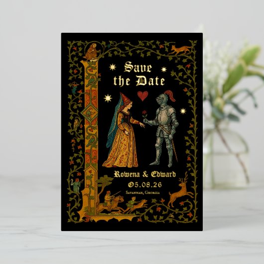 Medieval Fantasy Knight and Lady Save the Date 箔招待状 (立ち正面)