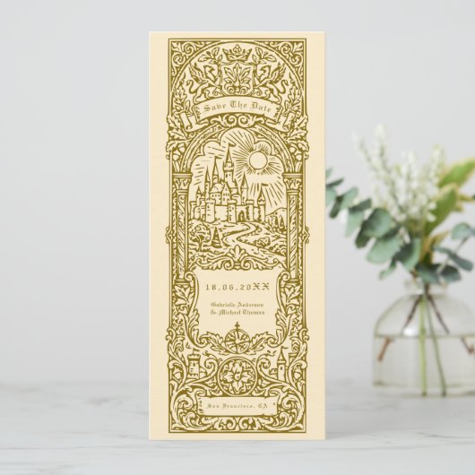 Medieval Gold Wedding Bookmark Save The Date 招待状 (スタンド正面)