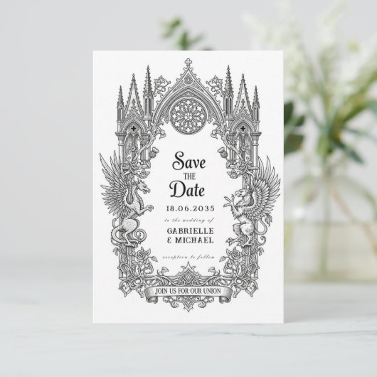 Medieval Gothic Dragon Griffin Black Etching Save  セーブザデート (スタンド正面)