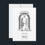 Medieval Gothic Knight Bride Groom Arch  セーブザデート<br><div class="desc">Celebrate your union with this enchanting medieval-inspired save the date card, featuring a striking black and white illustration of a knight and his bride standing beneath an ornate gothic archway. This design evokes a sense of timeless romance and noble heritage, perfect for couples planning a wedding with a fantasy or...</div>