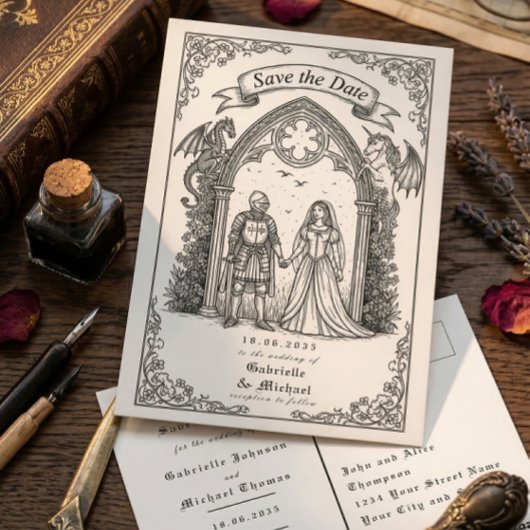 Medieval Gothic Knight Bride Groom Save The Date ポストカード