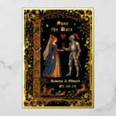 Medieval Knight and Lady Manuscript Save the Date 箔招待状 (正面)