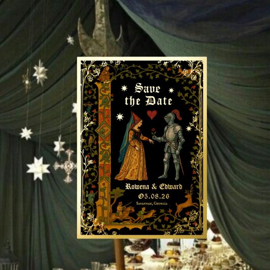 Medieval Knight and Lady Manuscript Save the Date 箔招待状