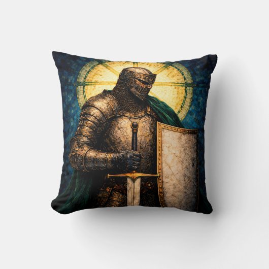 Medieval Knight Stained Glass Art Throw Pillow クッション (正面)