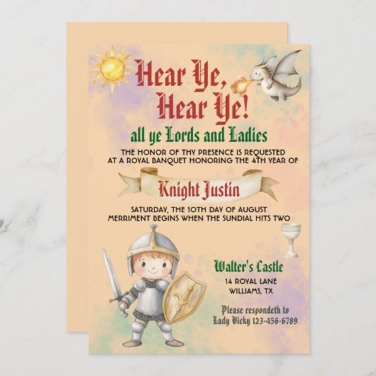 Medieval Renaissance Knight Birthday Invitation 招待状 (正面/裏面)