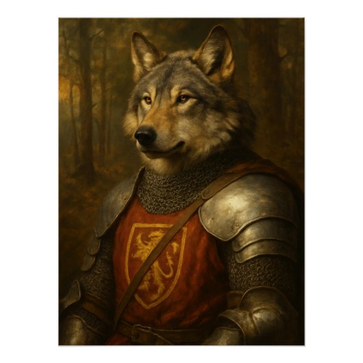 Medieval Wolf Warrior Fantasy Knight Portrait ポスター (正面)