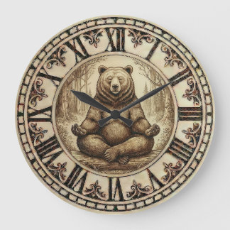 Meditating Bear Wall Clock – Wood-Burned style ラージ壁時計