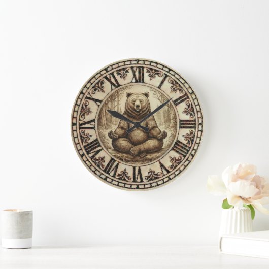 Meditating Bear Wall Clock – Wood-Burned style  ラージ壁時計 (ホーム)