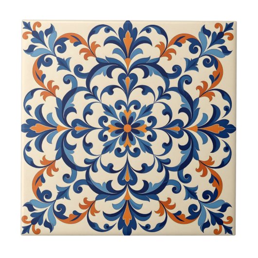 Mediterranean Azulejo Style Navy Blue and Orange タイル (正面)
