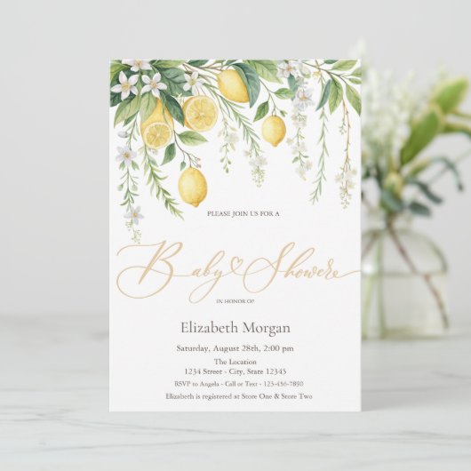Mediterranean Blooming Lemons Baby Shower 招待状 (スタンド正面)