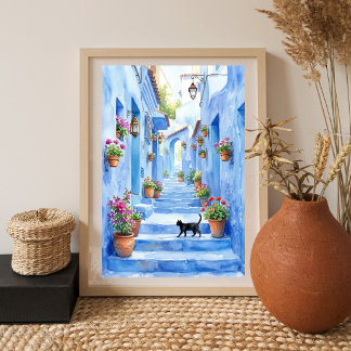 Mediterranean Blue Alley Watercolor Cat Art ポスター