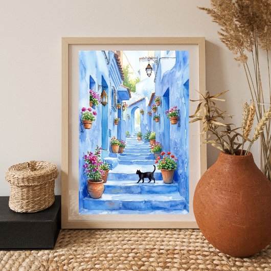 Mediterranean Blue Alley Watercolor Cat Art ポスター