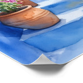 Mediterranean Blue Alley Watercolor Cat Art ポスター (角)