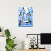 Mediterranean Blue Alley Watercolor Cat Art ポスター (ホームオフィス)