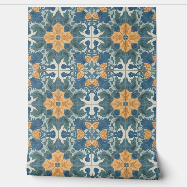 Mediterranean Blue and Gold Pattern 壁紙 (ほどく)