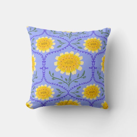 Mediterranean Blue and Yellow Floral Greek Flora  クッション (正面)