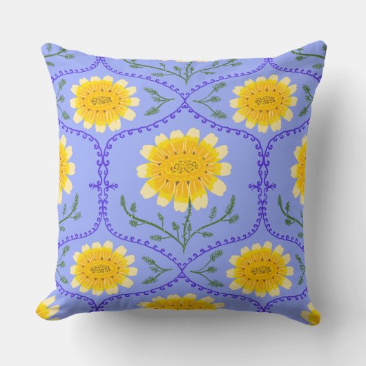Mediterranean Blue and Yellow Floral Greek Flora  クッション (正面)