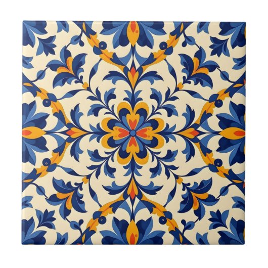 Mediterranean Blue Floral Portuguese Azulejo タイル (正面)